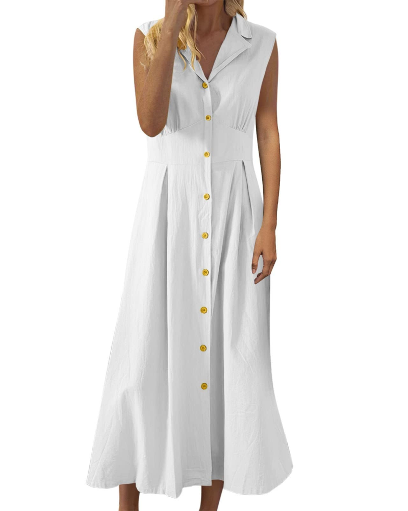 Phoebe Sommerkleid für Damen – Baumwolle und Leinen, ärmellos, mit Knöpfen und Boho-Stil