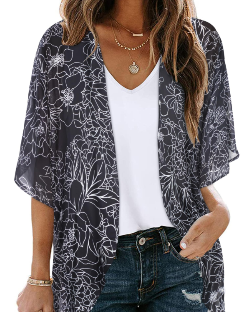 Kimono floral de mujer Avery – Chifón ligero, mangas cortas y corte holgado