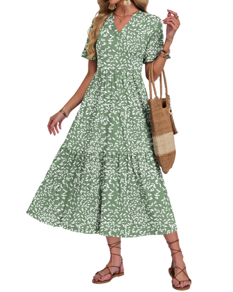 Tatum Langes Damenkleid – V-Ausschnitt, Volantärmel, Rüschen und Seitentaschen