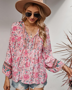 Evelyn boho-bluse til kvinder – blomstret mønster, V-udskæring og ballonærmer