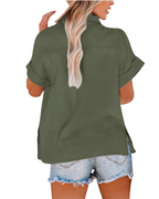Daphne Camiseta de mujer – Lino y algodón, escote en V, botones y mangas cortas