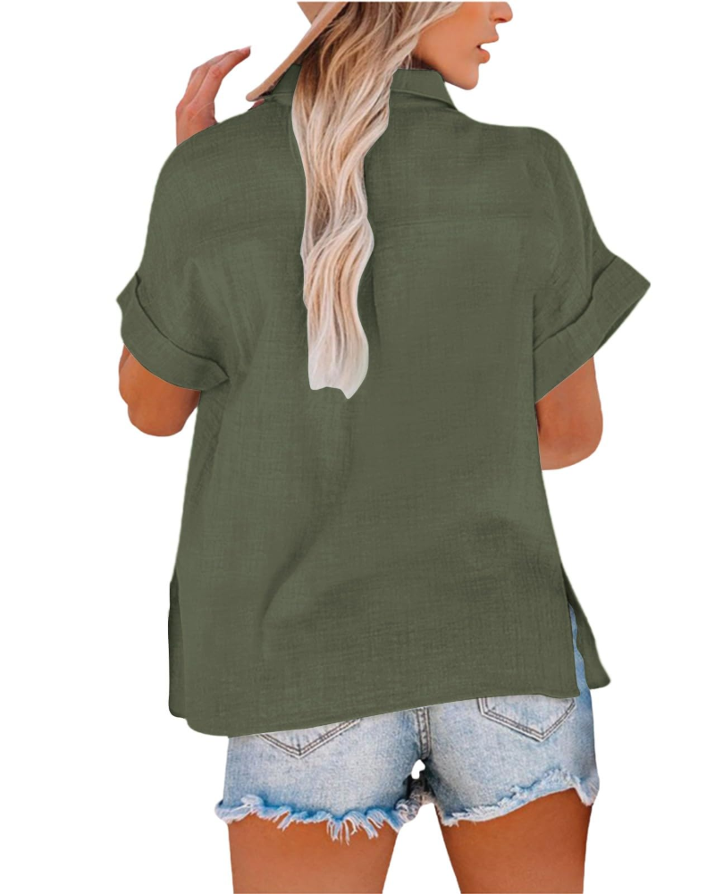 Daphne Camiseta de mujer – Lino y algodón, escote en V, botones y mangas cortas