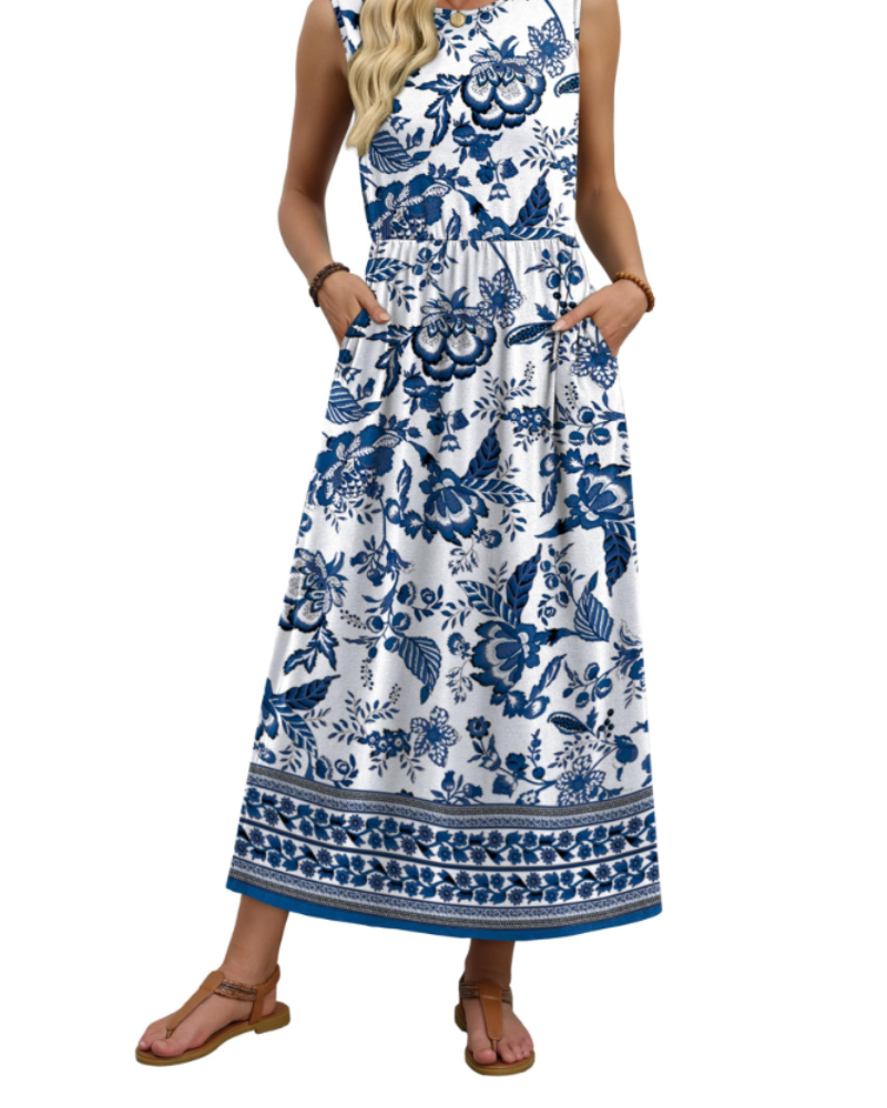 Presley Abito Maxi Donna – Linea ad A, Girocollo, Senza Maniche e Tasche