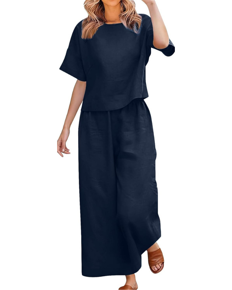Komplettes Damen-Outfit aus Leinen und Baumwolle – T-Shirt und weite Curvy-Hose