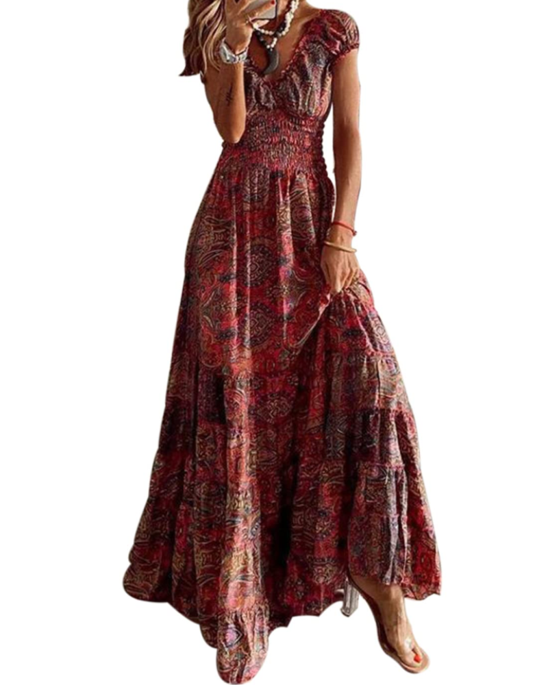 Keira Women's Maxi Dress – Boho Floral Print, V-Neck and Elasticated Waist