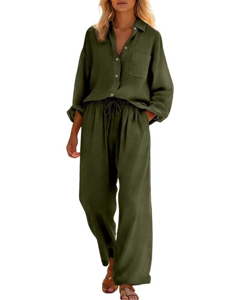 Conjunto completo Belinda para mujer de lino y algodón: dos piezas curvy con hombros caídos