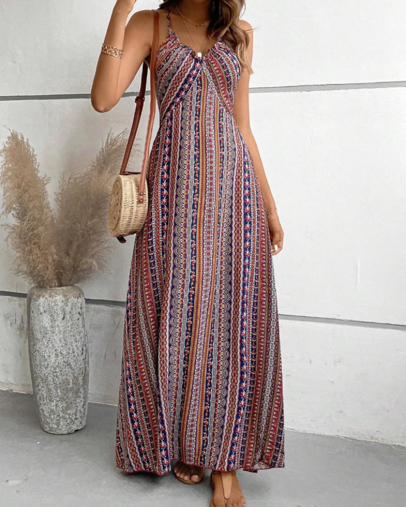 Maisie Damen-Maxikleid – V-Ausschnitt, Boho-Ethno-Print und ärmelloses Design
