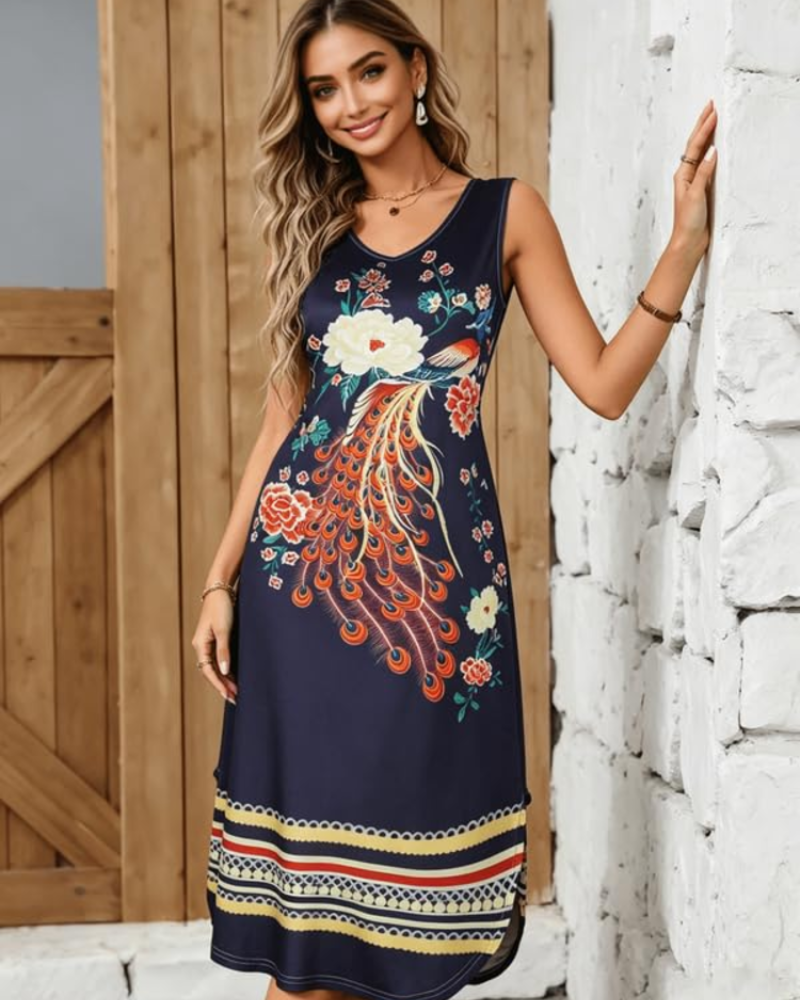 Emberly Abito Maxi Donna – Stampa Pavone Floreale, Scollo a V e Linea ad A