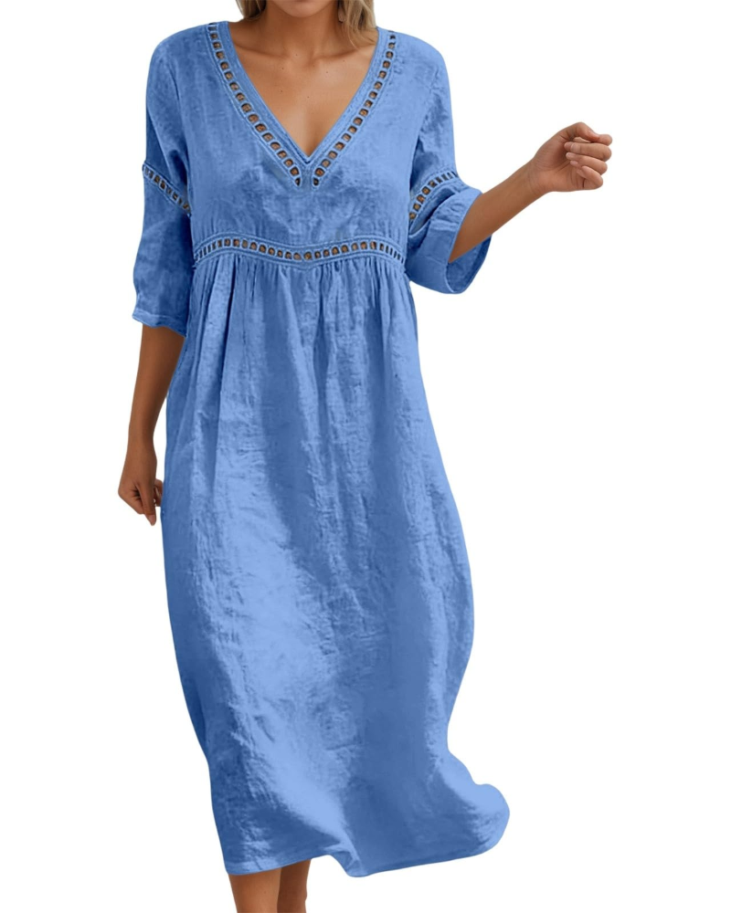Georgia Women's Long Dress – Cotton, V-Neck, 3/4 Sleeves, and Boho-Chic Style