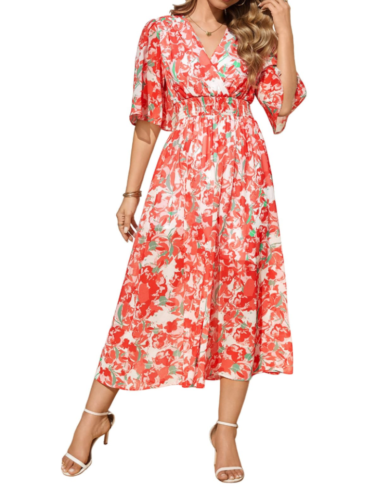 Cambria Abito Maxi Donna Floreale – Scollo a V, Vita Elasticizzata e Maniche Corte