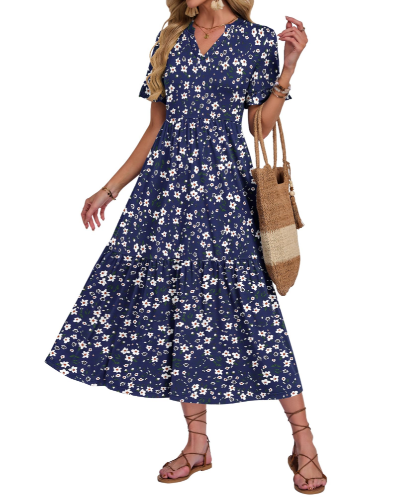 Tatum Langes Damenkleid – V-Ausschnitt, Volantärmel, Rüschen und Seitentaschen