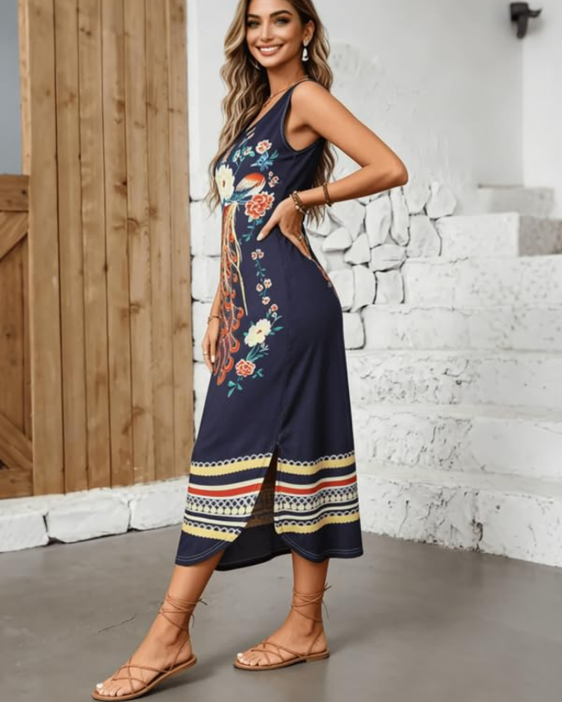 Emberly Abito Maxi Donna – Stampa Pavone Floreale, Scollo a V e Linea ad A