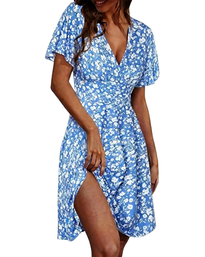 Delilah Robe d’été pour femme – Imprimé floral, col en V, manches courtes et coupe fluide