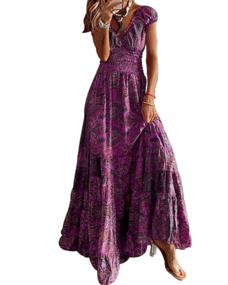 Keira Women's Maxi Dress – Boho Floral Print, V-Neck and Elasticated Waist