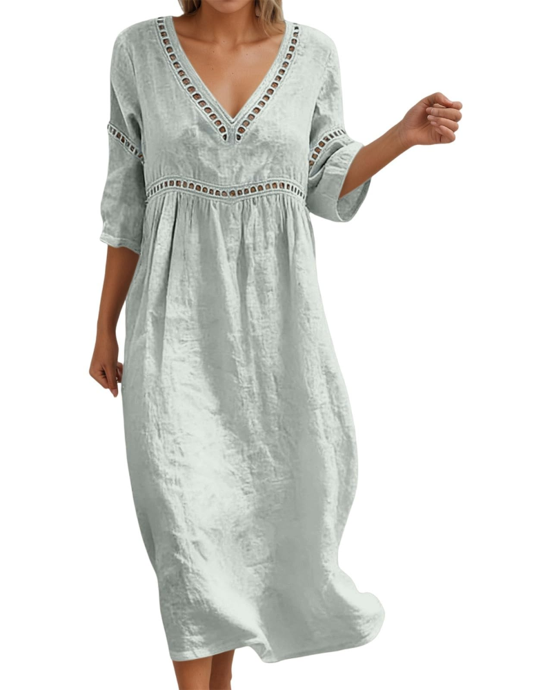 Georgia Women's Long Dress – Cotton, V-Neck, 3/4 Sleeves, and Boho-Chic Style