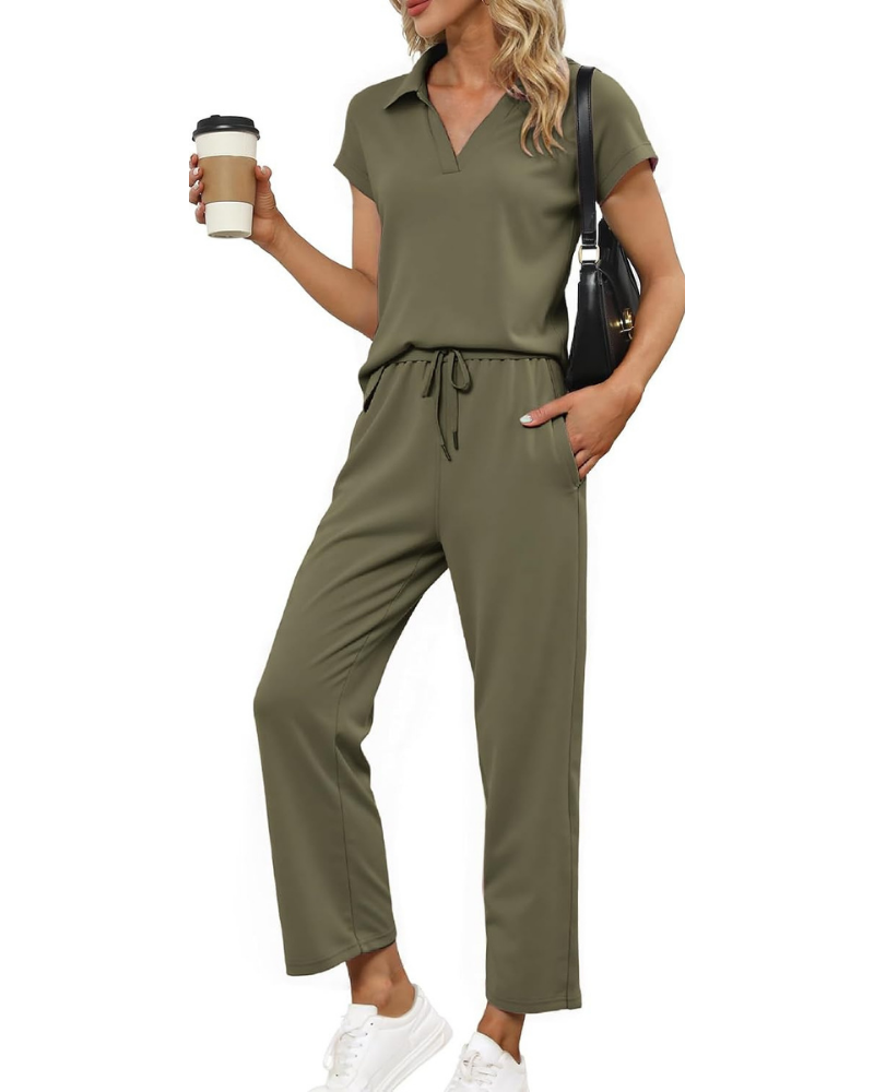 Lillian Komplettes Damen-Sommeroutfit – Oberteil mit V-Ausschnitt und weite Hose mit Taschen