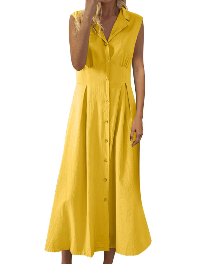 Phoebe Sommerkleid für Damen – Baumwolle und Leinen, ärmellos, mit Knöpfen und Boho-Stil