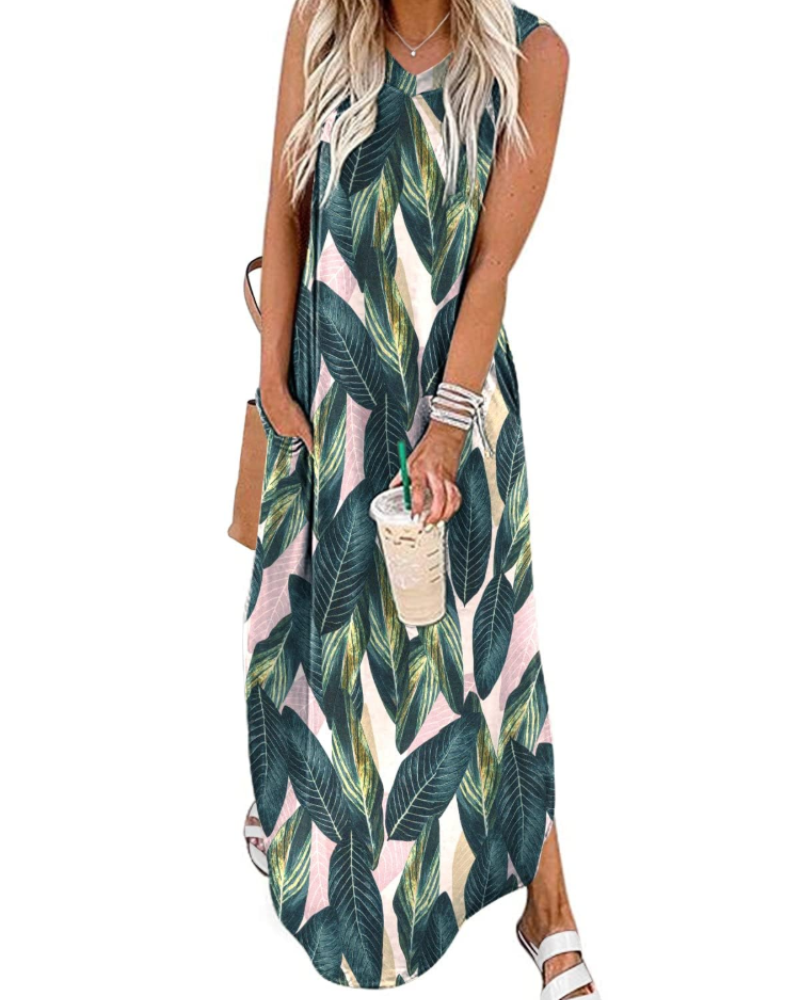 Brinley Women’s Maxi Dress – V-Neck, Side Slits, and Pockets