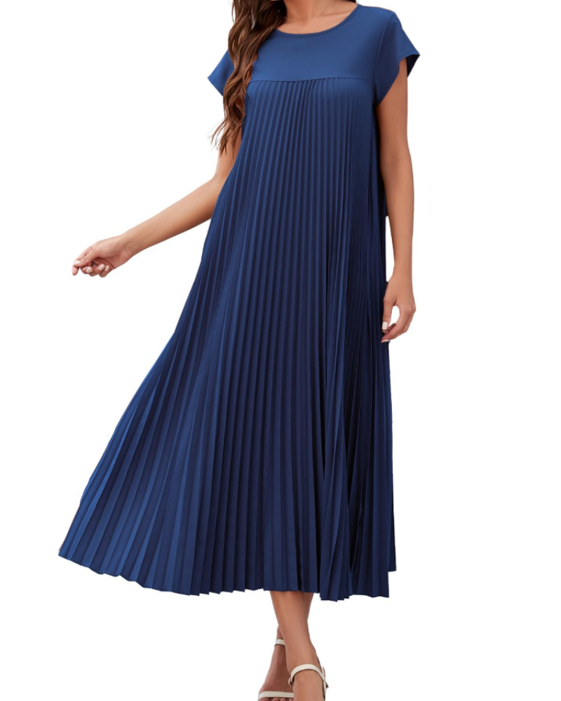 Kinley Abito Maxi Donna – Plissettato, Girocollo, Tinta Unita e Tasche Laterali
