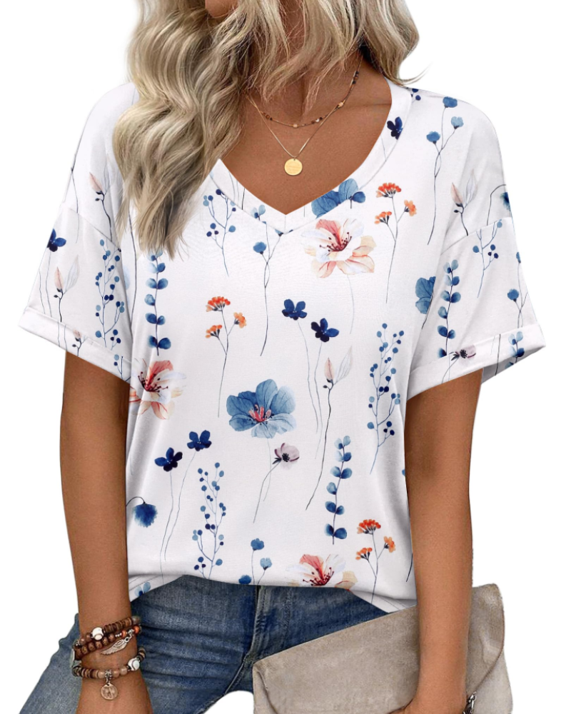 T-shirt damski Roxanne – dekolt w serek, krótkie rękawy i luźny krój
