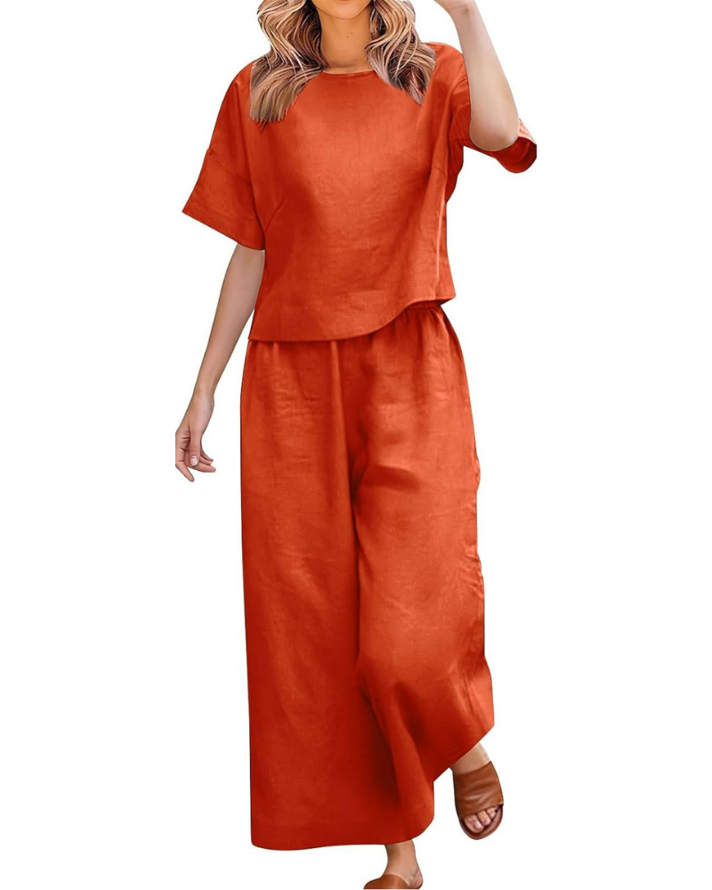 Komplettes Damen-Outfit aus Leinen und Baumwolle – T-Shirt und weite Curvy-Hose