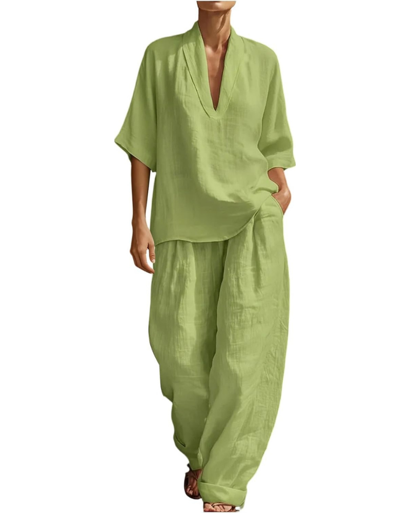 Conjunto Winona para mujer de lino: top con escote en V y pantalones palazzo con bolsillos