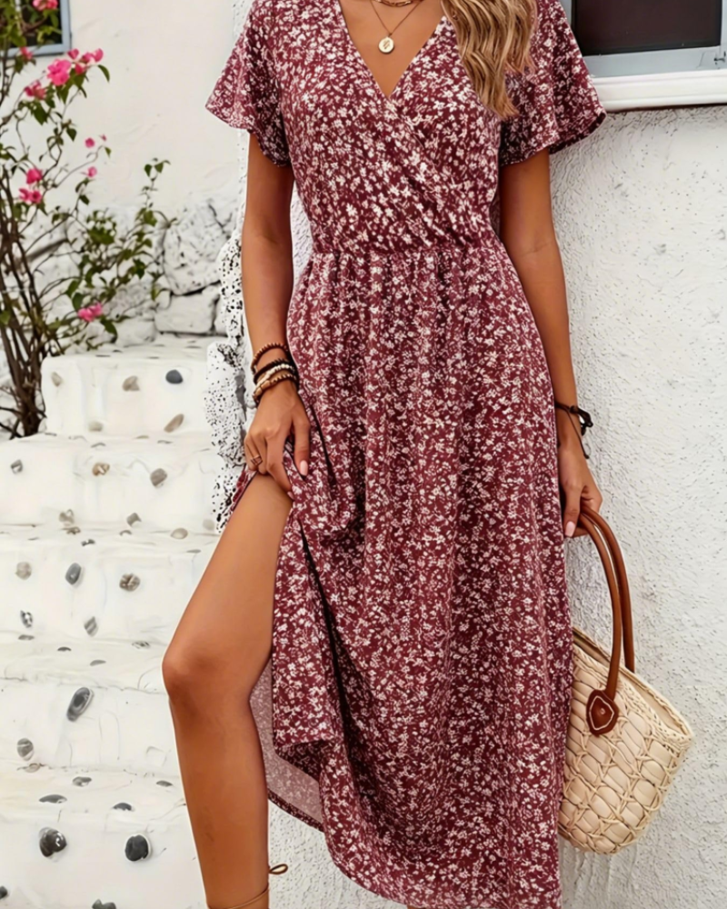Raven Damen-Maxikleid – V-Ausschnitt, kurze Ärmel und dehnbarer Stoff