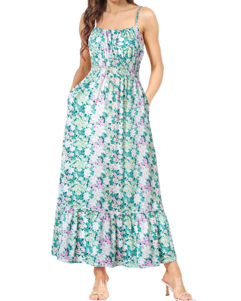 Marissa Abito maxi da donna floreale – spalline regolabili, vita arricciata e gonna a balze