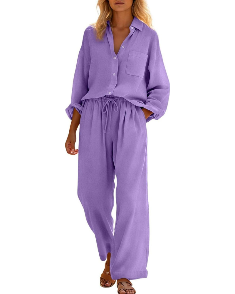 Conjunto completo Belinda para mujer de lino y algodón: dos piezas curvy con hombros caídos