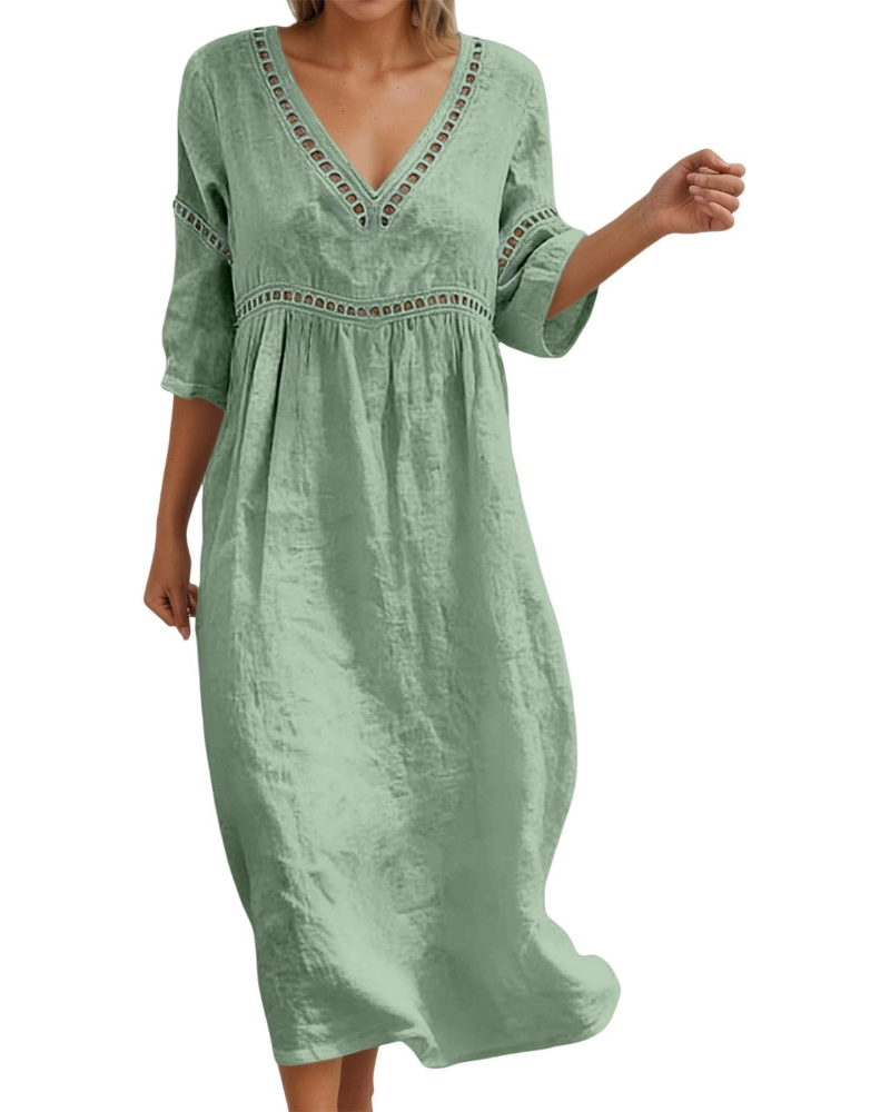 Georgia Women's Long Dress – Cotton, V-Neck, 3/4 Sleeves, and Boho-Chic Style