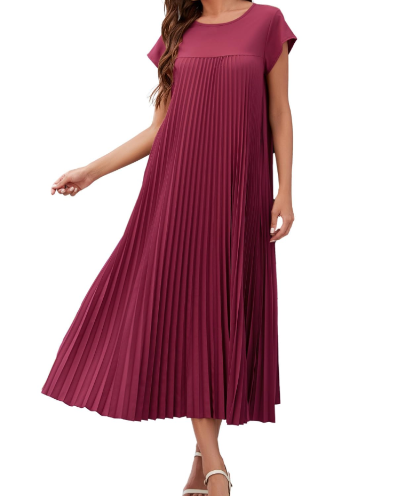 Kinley Abito Maxi Donna – Plissettato, Girocollo, Tinta Unita e Tasche Laterali