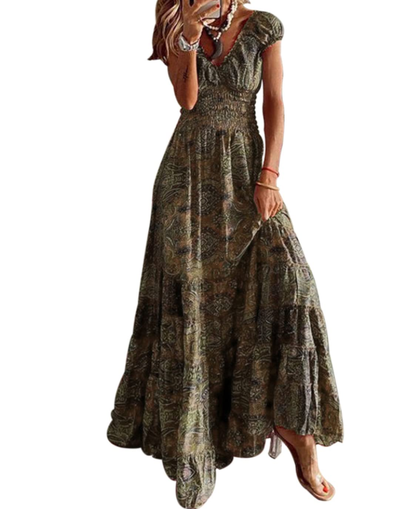Keira Women's Maxi Dress – Boho Floral Print, V-Neck and Elasticated Waist