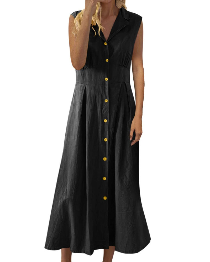 Rochie de vară de damă Phoebe – bumbac și in, fără mâneci, cu nasturi și stil boho