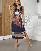 Emberly Abito Maxi Donna – Stampa Pavone Floreale, Scollo a V e Linea ad A