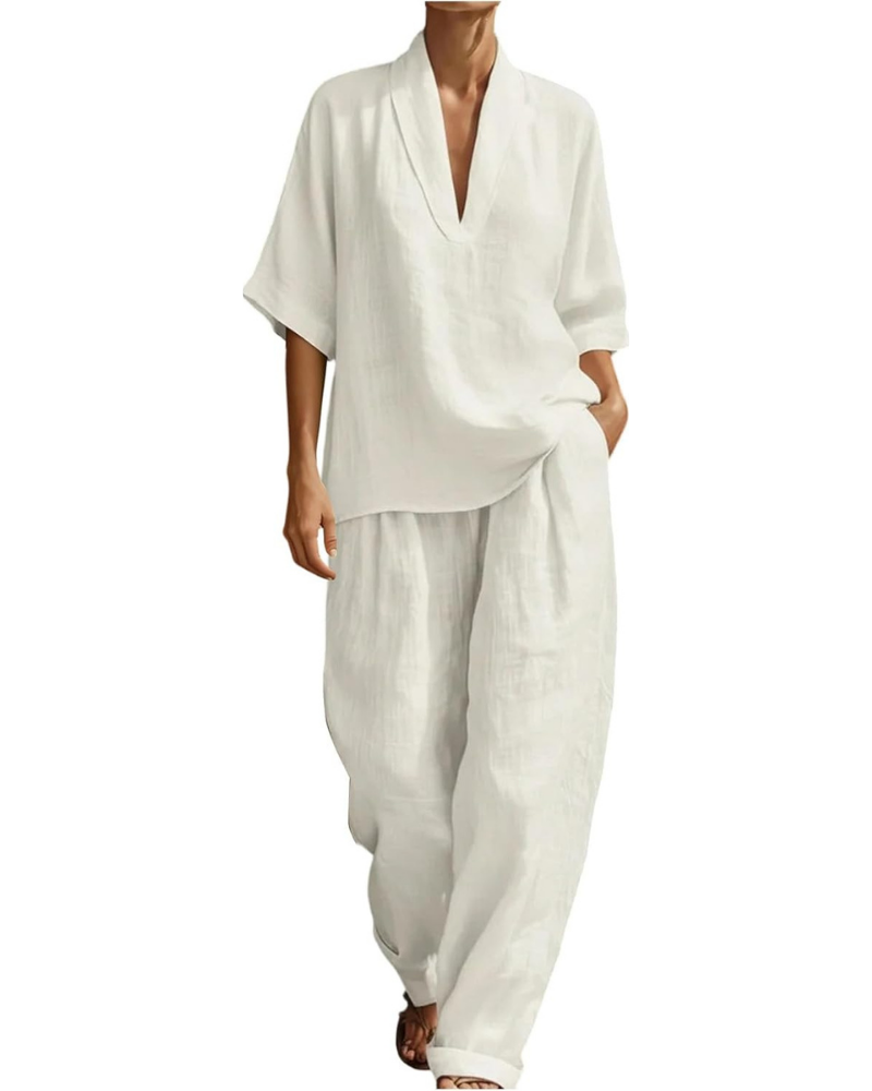 Conjunto Winona para mujer de lino: top con escote en V y pantalones palazzo con bolsillos