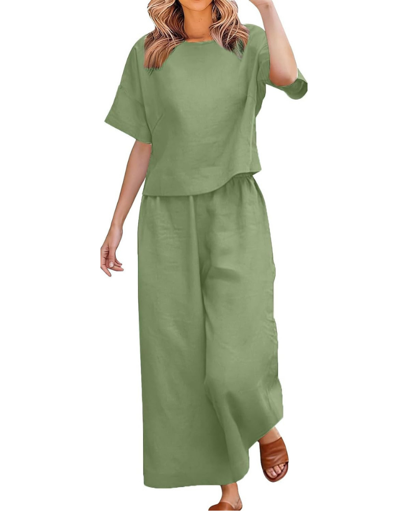 Komplettes Damen-Outfit aus Leinen und Baumwolle – T-Shirt und weite Curvy-Hose