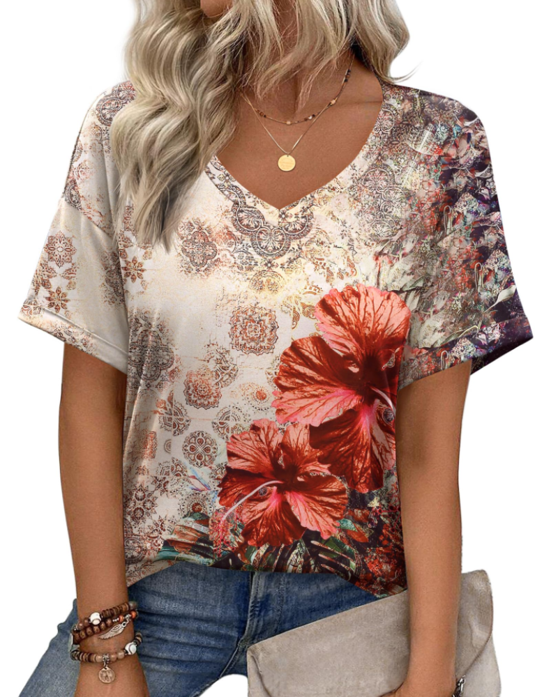 T-shirt damski Roxanne – dekolt w serek, krótkie rękawy i luźny krój