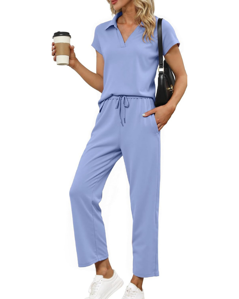 Lillian Komplettes Damen-Sommeroutfit – Oberteil mit V-Ausschnitt und weite Hose mit Taschen