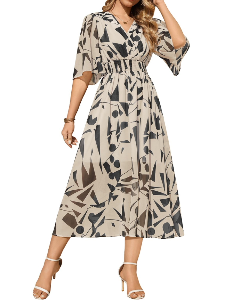 Cambria Abito Maxi Donna Floreale – Scollo a V, Vita Elasticizzata e Maniche Corte