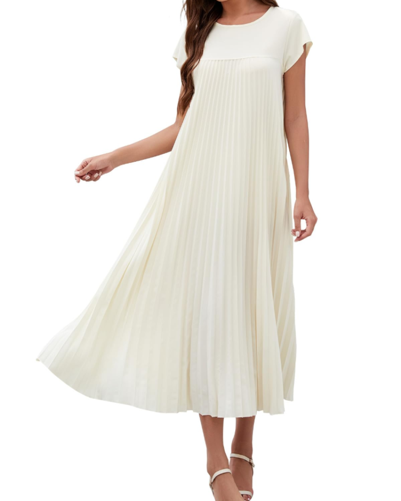 Kinley Abito Maxi Donna – Plissettato, Girocollo, Tinta Unita e Tasche Laterali