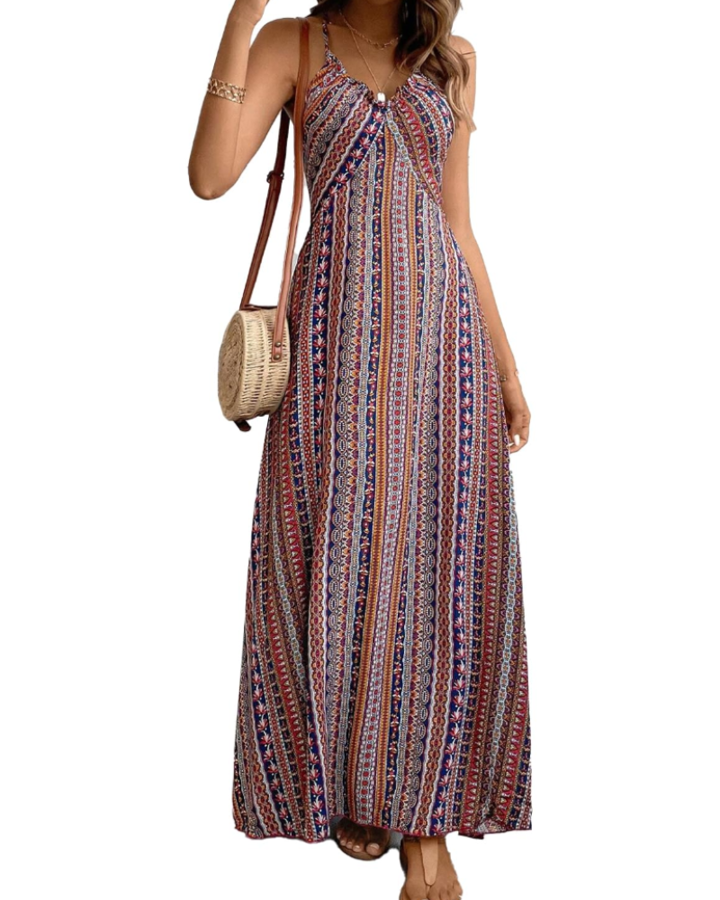 Maisie Damen-Maxikleid – V-Ausschnitt, Boho-Ethno-Print und ärmelloses Design