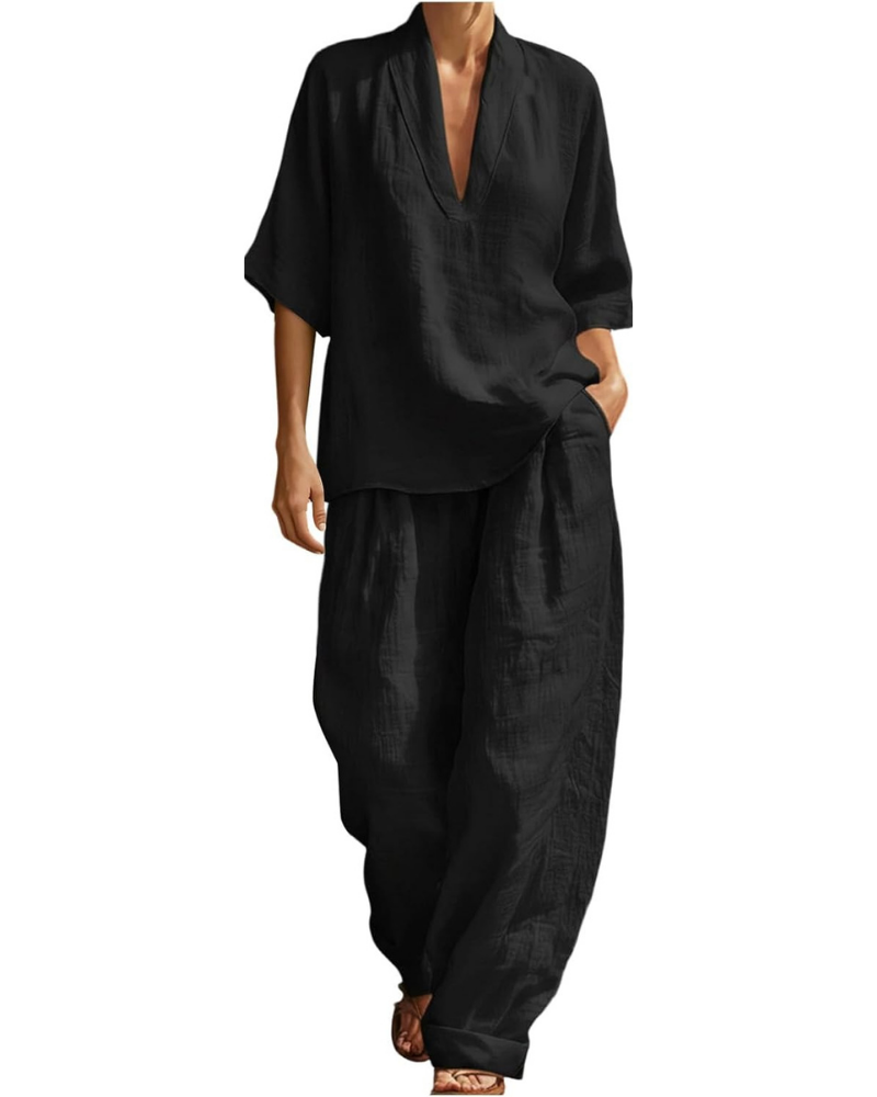 Conjunto Winona para mujer de lino: top con escote en V y pantalones palazzo con bolsillos