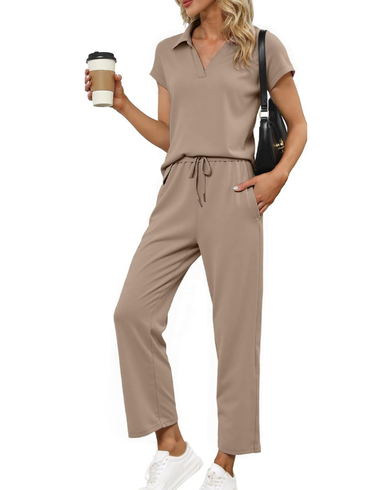 Lillian Komplettes Damen-Sommeroutfit – Oberteil mit V-Ausschnitt und weite Hose mit Taschen