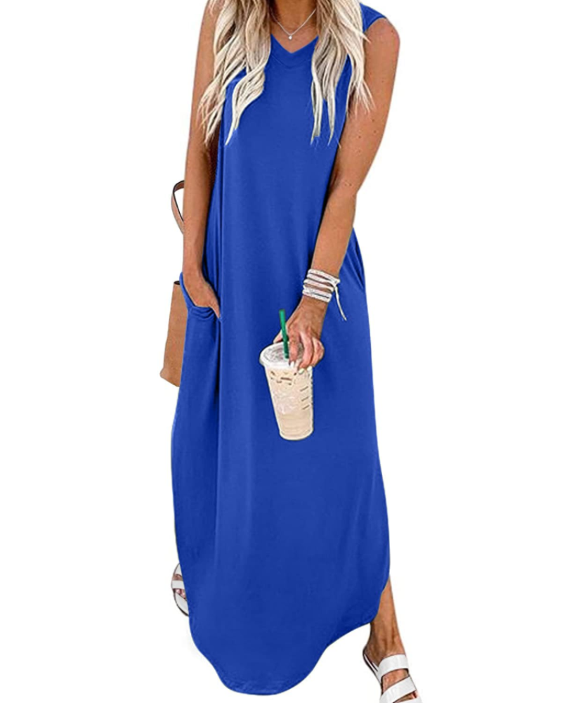 Brinley Women’s Maxi Dress – V-Neck, Side Slits, and Pockets