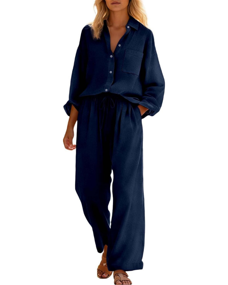 Conjunto completo Belinda para mujer de lino y algodón: dos piezas curvy con hombros caídos