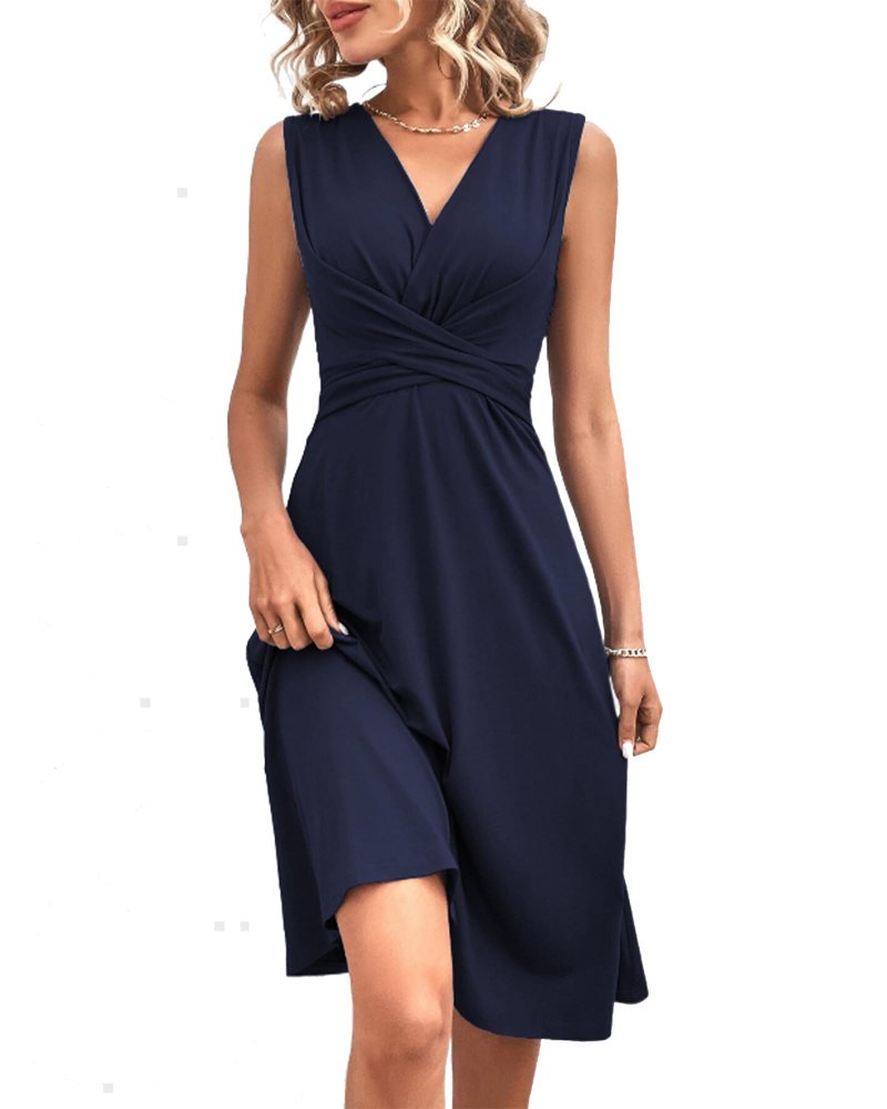Haisley Women’s Short Dress – V-Neck, High Waist, and Cross-Over Detail