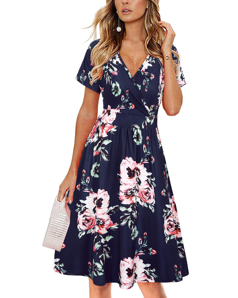 Aveline Abito Midi Donna – Portafoglio, Scollo a V, Vita Pieghettata e Tasche