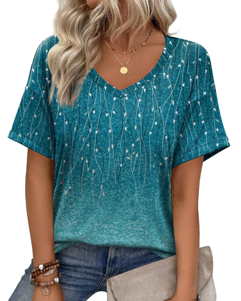 T-shirt damski Roxanne – dekolt w serek, krótkie rękawy i luźny krój