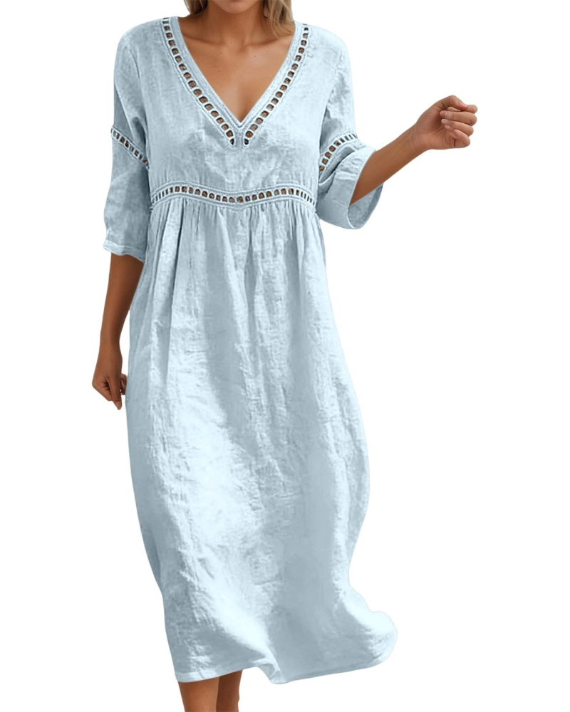 Georgia Women's Long Dress – Cotton, V-Neck, 3/4 Sleeves, and Boho-Chic Style