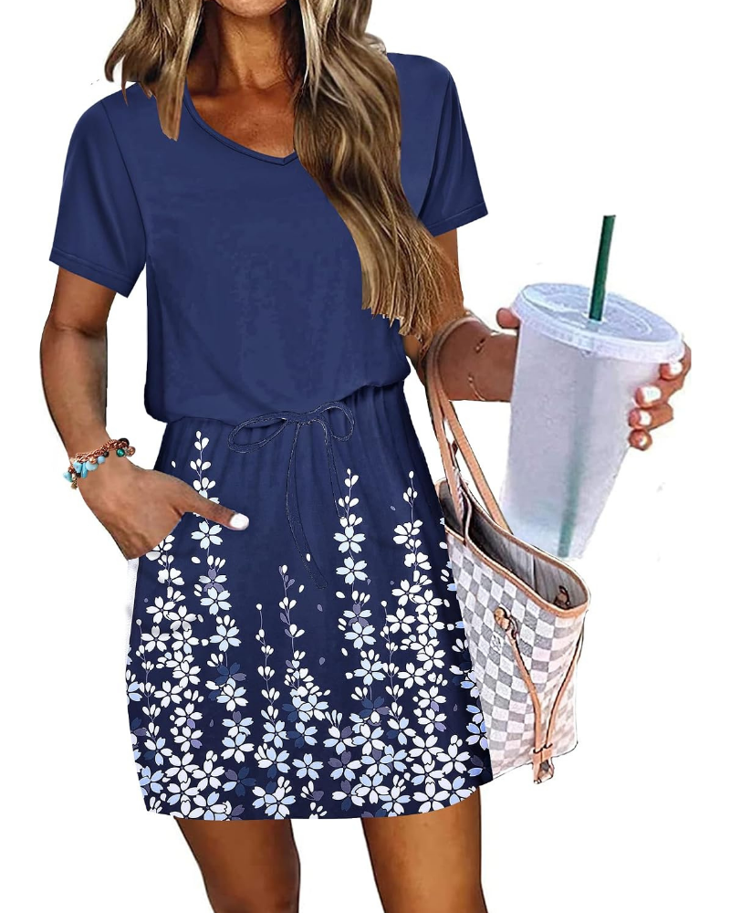 Vestido de verano Audrey para mujer – Escote en V, cintura ajustable y bolsillos laterales